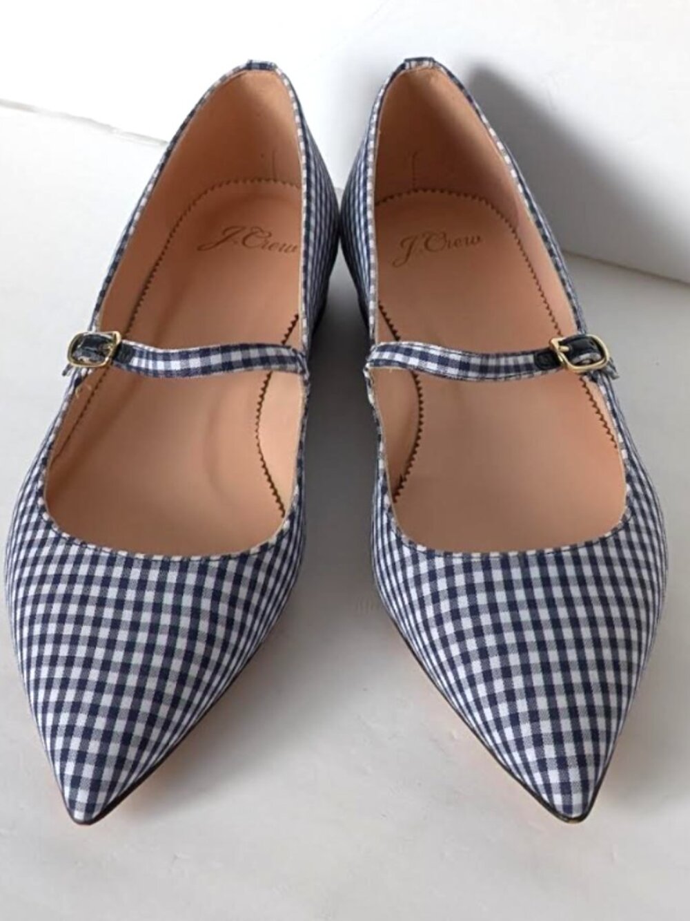 J. Crew Gingham Pointed Toe Mary Jane Flats Navy White 7 NIB - Picture 3 of 9
